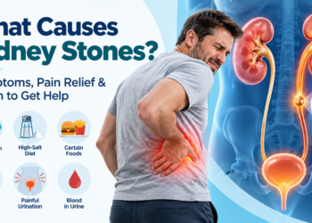 Kidney stone infographic showing a man with severe lower back pain, the kidneys and urinary tract, and common causes and symptoms including dehydration, high-salt diet, nausea, painful urination and blood in urine.