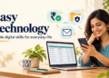 Easy Technology banner showing a woman using a smartphone beside a laptop, with icons for digital payments, secure documents and email.