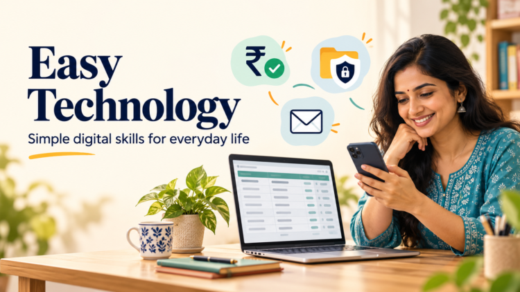 Easy Technology banner showing a woman using a smartphone beside a laptop, with icons for digital payments, secure documents and email.