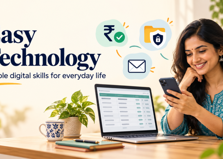 Easy Technology banner showing a woman using a smartphone beside a laptop, with icons for digital payments, secure documents and email.