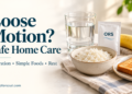 Loose motion home care banner with water, an ORS sachet, rice, a banana, and toast