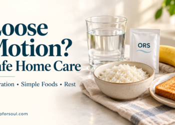Loose motion home care banner with water, an ORS sachet, rice, a banana, and toast