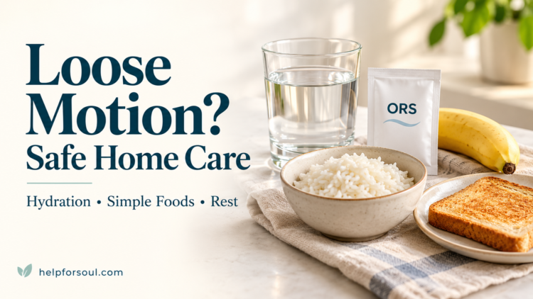 Loose motion home care banner with water, an ORS sachet, rice, a banana, and toast