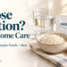 Loose motion home care banner with water, an ORS sachet, rice, a banana, and toast