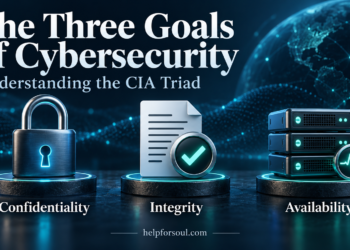 Three goals of cybersecurity: confidentiality, integrity, and availability, illustrated by a padlock, checked document, and servers
