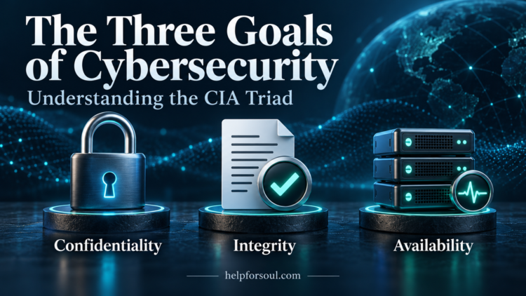 Three goals of cybersecurity: confidentiality, integrity, and availability, illustrated by a padlock, checked document, and servers