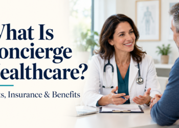 Doctor speaking with a patient beside the title “What Is Concierge Healthcare? Costs, Insurance & Benefits.”