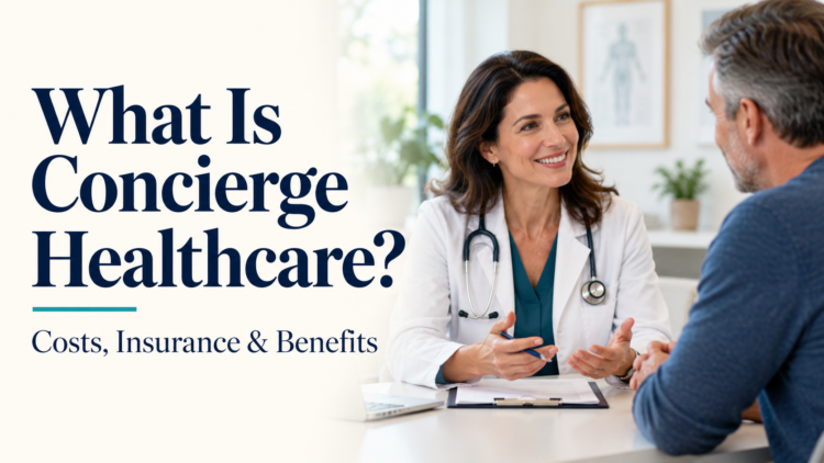 Doctor speaking with a patient beside the title “What Is Concierge Healthcare? Costs, Insurance & Benefits.”