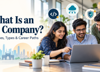 What Is an IT Company? banner showing three colleagues at a laptop with software development, cloud and cybersecurity icons.