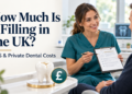 Dentist discussing a treatment plan with a patient beside a tooth model and pound symbol, under a headline about UK filling costs.