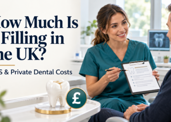 Dentist discussing a treatment plan with a patient beside a tooth model and pound symbol, under a headline about UK filling costs.