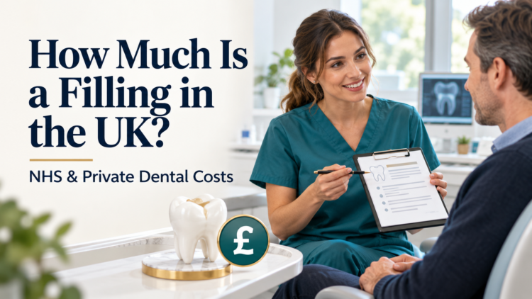 Dentist discussing a treatment plan with a patient beside a tooth model and pound symbol, under a headline about UK filling costs.