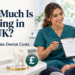 Dentist discussing a treatment plan with a patient beside a tooth model and pound symbol, under a headline about UK filling costs.