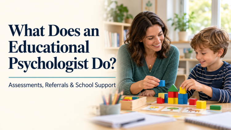 Educational psychologist and child using colourful learning blocks beside the title “What Does an Educational Psychologist Do?”